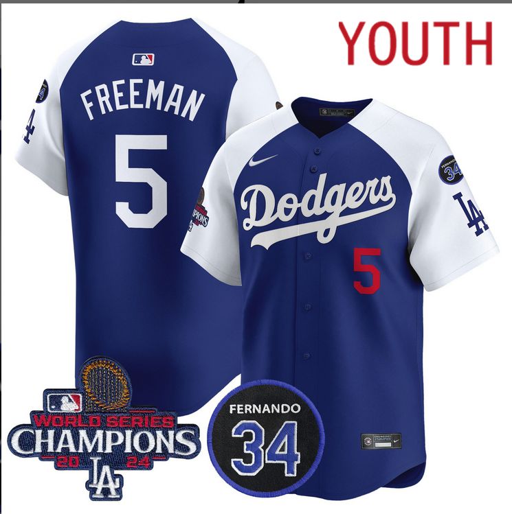 Youth MLB Los Angeles Dodgers 5 Freeman blue 2024 World Series Champions Patch Limited Jersey